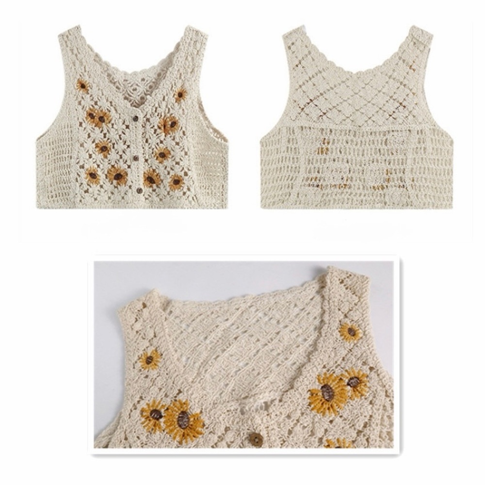 Sunflower Crochet Knit Vest Retro Boho Festival Crop Top Size Small - Picture 4 of 12